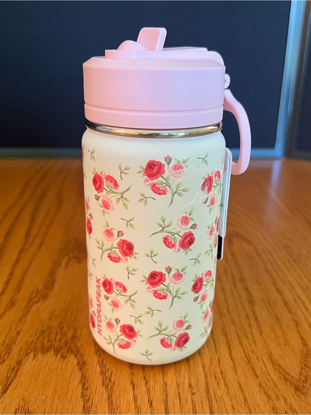 14 oz Hydrapeak White with Pastel Pink Cover with Roses Water Bottle